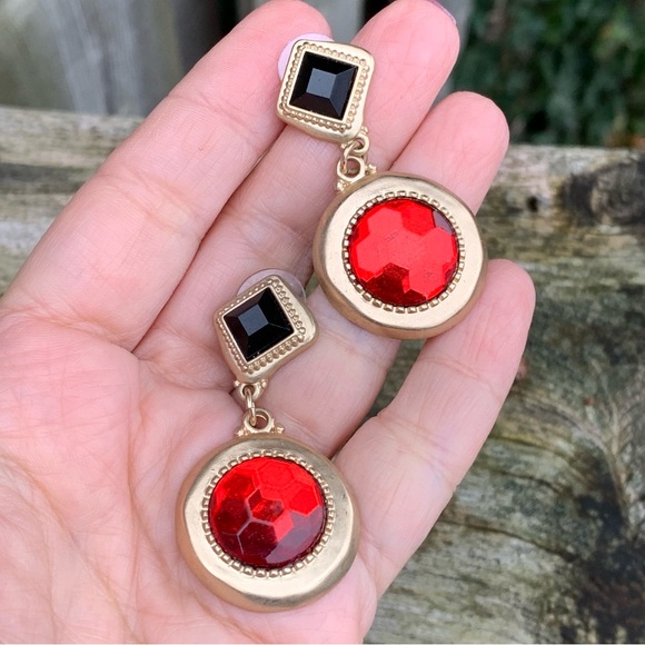 Chico's Jewelry - Chico’s Red Black And Gold Geo Drop Earrings Bohemian Retro